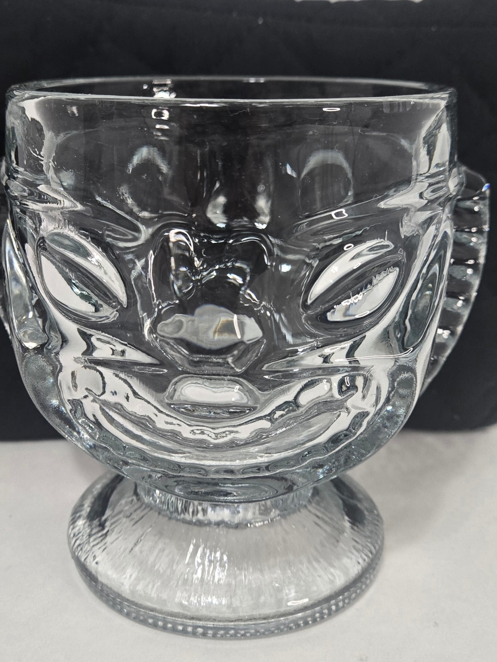 Vintage Clear Glass Tiki Mug Aztec Totem Face Footed Barware Tribal Boho 4.5"